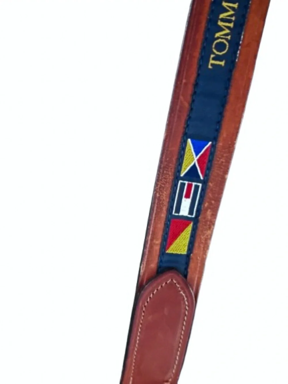 TOMMY HILFIGER L Leather Flag Nautical Belt Brown Large Size 49 Preppy